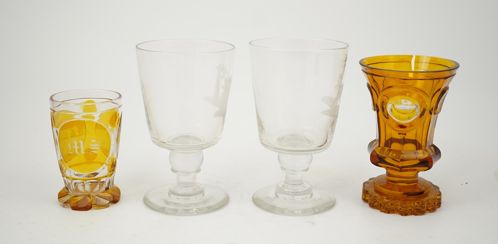 Horse interest - two German amber flashed beakers and two engraved rummers, 19th century